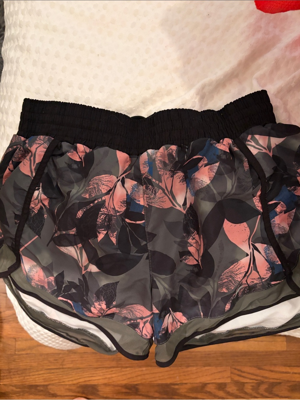 Women’s Black Floral Print Running Shorts with Pink Accents